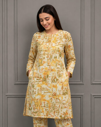 Orange Printed Khaddar Shirt